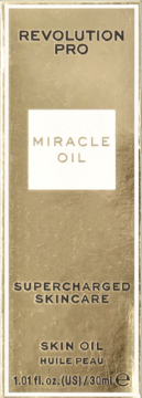 Złote pudełko Revolution Pro Miracle Oil (Supercharged Skincare) 30ml, z białym napisem, widok z przodu.