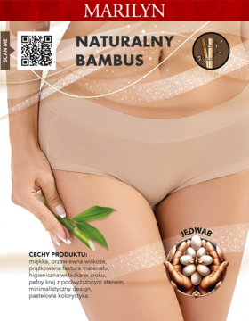Beżowe figi Marilyn Betti z naturalnego bambusa na modelce, pełny fason z wysokim stanem.