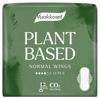 Zielone opakowanie podpasek Vuokkoset Plant Based Normal Wings 12 szt., widok z przodu, z wizualizacją wkładki.