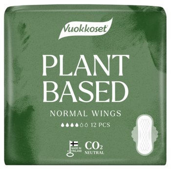 Zielone opakowanie podpasek Vuokkoset Plant Based Normal Wings 12 szt., widok z przodu, z wizualizacją wkładki.