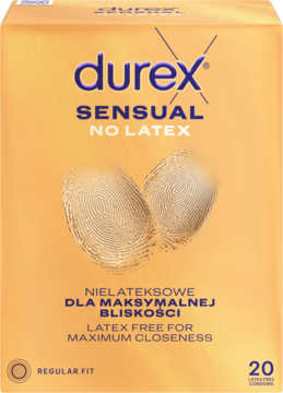 Pomarańczowe opakowanie prezerwatyw Durex Sensual No Latex (20 sztuk), z dwoma złotymi odciskami palców.