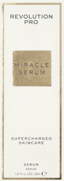 Białe pudełko Revolution Pro Miracle nawilżające serum 30ml z złotym panelem i tekstem, widok z przodu.