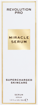 Białe opakowanie Revolution Pro Miracle Serum, z złotym napisem, nawilżające serum do twarzy, widok z przodu.