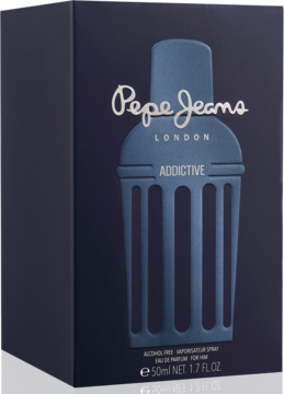 Męska woda perfumowana Pepe Jeans Addictive for Him w granatowym opakowaniu, z niebieską butelką w kształcie shakera, widok pod kątem.