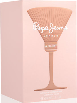 Różowe pudełko perfum Pepe Jeans Addictive for Her z reliefowym kieliszkiem koktajlowym, widok z przodu.