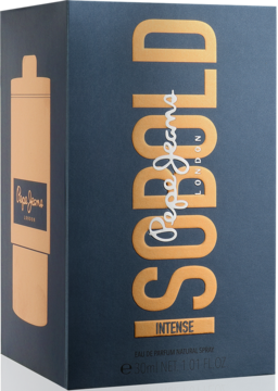 Opakowanie Pepe Jeans So Bold Intense 30ml, czarno-złote z wizerunkiem butelki. Widok z przodu.