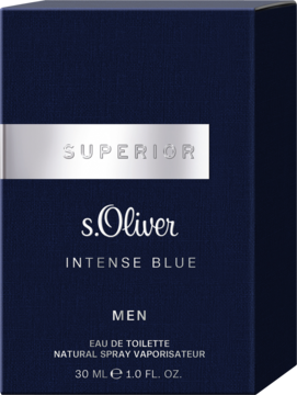 Granatowe pudełko perfum s.Oliver Superior Intense Blue, 30ml, ze srebrnymi napisami, widok z przodu.