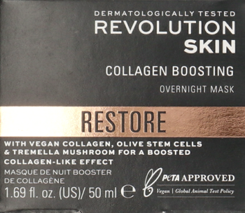 Revolution Skin Collagen Boosting Overnight Mask, czarne pudełko z miedzianym paskiem RESTORE, widok z przodu.