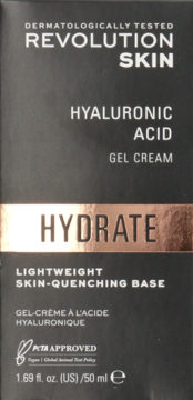 Opakowanie Revolution Skin Hyaluronic Acid Gel Cream w ciemnym kolorze z miedzianym paskiem, widok z przodu.