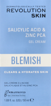 Revolution Skin Salicylic Acid & Zinc PCA Blemish Gel Cream. Light blue box, front view, with bold white text.