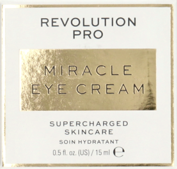 Białe pudełko kremu pod oczy Revolution Pro Miracle Eye Cream, ze złotym panelem i czarnym tekstem, widok z przodu.