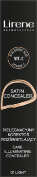 Lirene Satin Concealer 01 Light, czarna tuba z beżowym wzorem, zawiera wit. C i kwas hialuronowy.