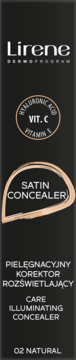 Lirene Satin Concealer 02 Natural, czarny kartonik z beżową ramką, CARE ILLUMINATING, widok z przodu.