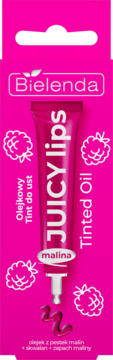 Bielenda Juicy Lips malinowy olejek Tint do ust w różowej tubce, z przodu, próbka koloru.