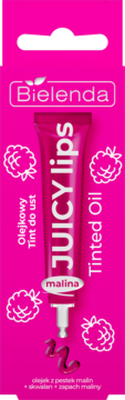 Bielenda Juicy Lips malinowy olejek Tint do ust w różowej tubce, z przodu, próbka koloru.