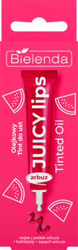 Bielenda Juicy Lips Tinted Oil arbuz w różowym opakowaniu, widok z przodu, z wyciśniętą kroplą produktu.