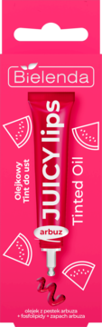 Bielenda Juicy Lips Tinted Oil arbuz w różowym opakowaniu, widok z przodu, z wyciśniętą kroplą produktu.
