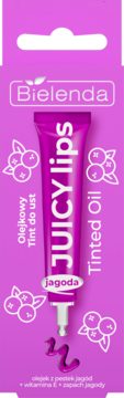 Bielenda Juicy Lips Tinted Oil, fioletowy tint do ust, w opakowaniu, z widocznym wyciśniętym olejkiem jagodowym.