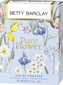 Jasnoniebieskie pudełko perfum Betty Barclay Pure Flower Eau de Toilette z kwiatowym wzorem, widok z przodu.