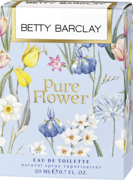 Jasnoniebieskie pudełko perfum Betty Barclay Pure Flower Eau de Toilette z kwiatowym wzorem, widok z przodu.