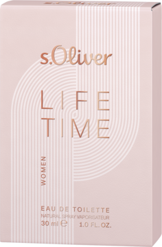 Bladoróżowe pudełko s.Oliver LIFE TIME EAU DE TOILETTE 30ml dla kobiet. Widok z przodu z złotymi napisami i liniami.