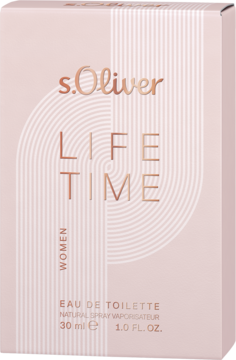 Bladoróżowe pudełko s.Oliver LIFE TIME EAU DE TOILETTE 30ml dla kobiet. Widok z przodu z złotymi napisami i liniami.
