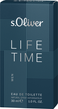 Męska woda toaletowa S.Oliver Life Time 30ml, ciemnoniebieskie pudełko z teksturowanym wzorem, widok z przodu.