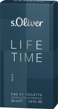 Męska woda toaletowa S.Oliver Life Time 30ml, ciemnoniebieskie pudełko z teksturowanym wzorem, widok z przodu.