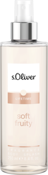 s.Oliver Life Time soft fruity body splash, przezroczysta butelka 250ml ze srebrnym atomizerem, widok z przodu.