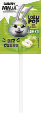 Bunny Ninja lolli pop jabłkowy bez cukru. Na zielonym opakowaniu głowa królika i świeże jabłka.