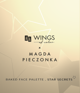 AA Wings of Color Star Secrets, wypiekana paleta do twarzy. Złote opakowanie z geometrycznymi gwiazdami.