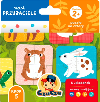 Czuczu Nasi Przyjaciele puzzle 2+, widok opakowania i części układanek ze zwierzętami: królikiem i chomikiem.