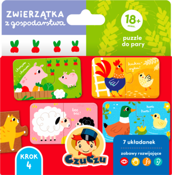 Kolorowe puzzle CzuCzu Zwierzątka z gospodarstwa, z widocznymi parami zwierząt i elementami pudełka.