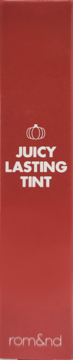 Rom&nd Juicy Lasting Tint, czerwone opakowanie błyszczyka do ust z napisem JUICY LASTING TINT i ikoną dyni.