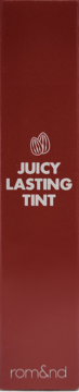 Ciemnoczerwone opakowanie rom&nd Juicy Lasting Tint, widok z przodu, z białym napisem i ikoną owoców.