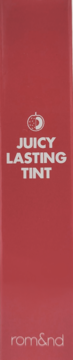 Czerwone opakowanie długotrwałego błyszczyka Rom&nd Juicy Lasting Tint, widok z przodu z białym napisem.
