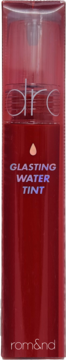 Rom&nd Glasting Water Tint Red Drop, czerwony błyszczyk w pionowej buteleczce, widok z przodu.