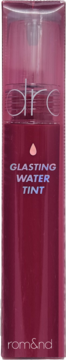 Rom&nd Glasting Water Tint Rose Splash, błyszczący, ciemnoróżowy tint do ust z kropelką, widok z przodu.