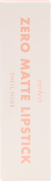 Szminka Rom&nd Zero Matte Lipstick Shell Nude w białym opakowaniu z brzoskwiniowym napisem, widok z przodu.