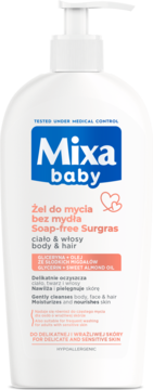 Mixa Baby żel do mycia bez mydła, z olejkiem migdałowym, w białej butelce z pompką, widok z przodu.