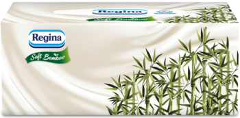 Regina Soft Bamboo chusteczki w ozdobnym, białym pudełku z zielonym motywem bambusa i falistym tłem, widok z przodu.