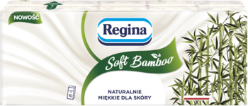Białe opakowanie chusteczek higienicznych Regina Soft Bamboo z zielonym napisem i motywem bambusa. Miękkie dla skóry, przód.
