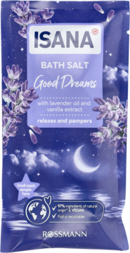ISANA BATH SALT Good Dreams, fioletowa saszetka z lawendą i księżycem, widok z przodu.