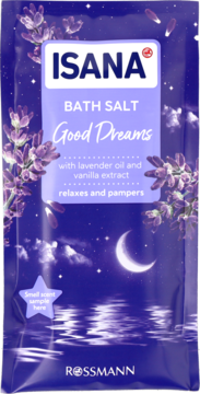 Isana Good Dreams sól do kąpieli w fioletowej saszetce, z lawendą, księżycem i wanilią, widok z przodu.