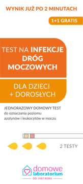 Domowy test na infekcje dróg moczowych, wykrywa azotyny i leukocyty. Biało-pomarańczowe opakowanie, 2 testy, 1+1 gratis.