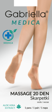Cieliste skarpetki Gabriella Medica Massage 20 DEN z aloesem, widoczne na nogach od tyłu.