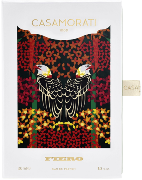 Xerjoff Casamorati 1888 Fiero męska woda perfumowana; białe opakowanie z barwnym wzorem i próbką obok.
