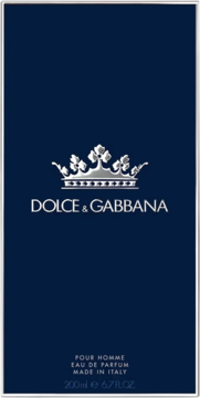 Frontowe ujęcie granatowego opakowania Dolce & Gabbana K Eau de Parfum 200ml dla mężczyzn, ze srebrnym logo i koroną.