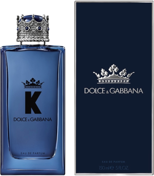 Męskie perfumy K by Dolce & Gabbana EDP, niebieska butelka z koroną i ciemne pudełko, widok z przodu.