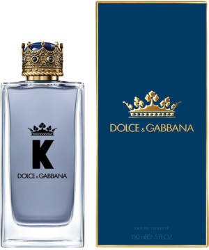 K by Dolce & Gabbana woda toaletowa, butelka z koroną i granatowe pudełko z złotym logo. Widok z przodu.